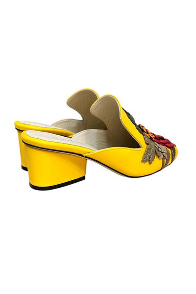 Sarı  Hakiki Deri Çiçek Motifli El Yapımı Terlik