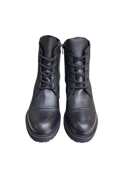 Siyah Hakiki Deri Bağcık Detay  Yandan Fermuarlı Kalın Topuk Bot
