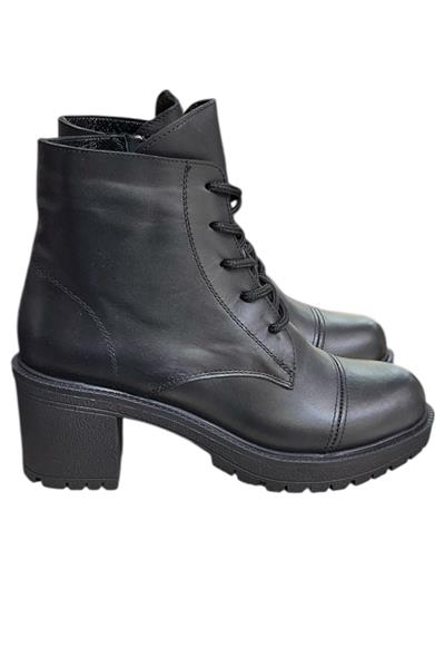 Siyah Hakiki Deri Bağcık Detay  Yandan Fermuarlı Kalın Topuk Bot