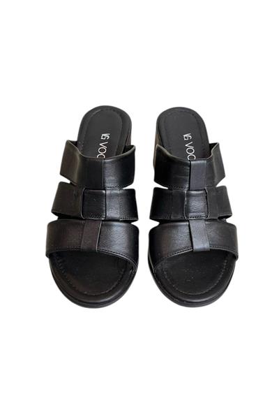 Siyah Hakiki Deri Bant Detaylı Topuklu Comfort Taban Terlik