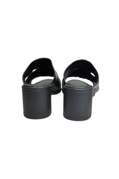 Siyah Hakiki Deri Bant Detaylı Topuklu Comfort Taban Terlik