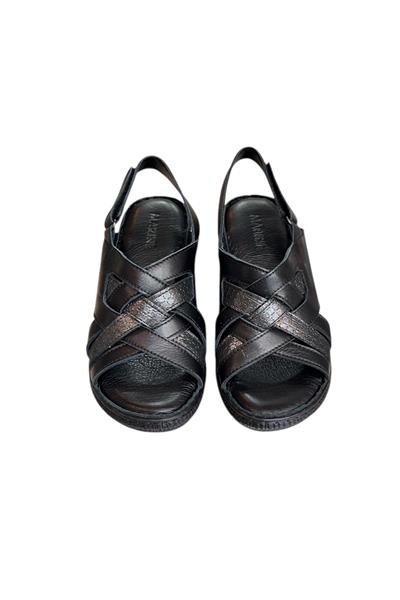 Siyah Hakiki Deri Çapraz Bantlı Puf Taban Hafif Comfort Sandalet