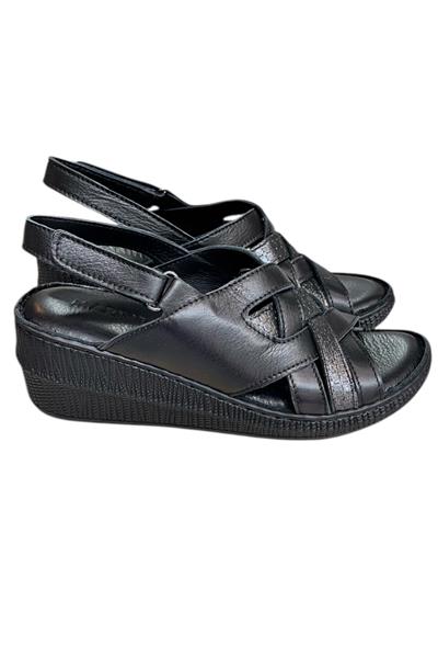 Siyah Hakiki Deri Çapraz Bantlı Puf Taban Hafif Comfort Sandalet