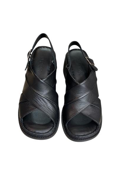 Siyah Hakiki Deri Çapraz Bantlı Puf Taban Topuklu Sandalet 