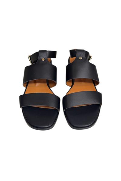 Siyah Hakiki Deri Çift Bant Bilekten Bağlı Bodrum Tarzı Sandalet 