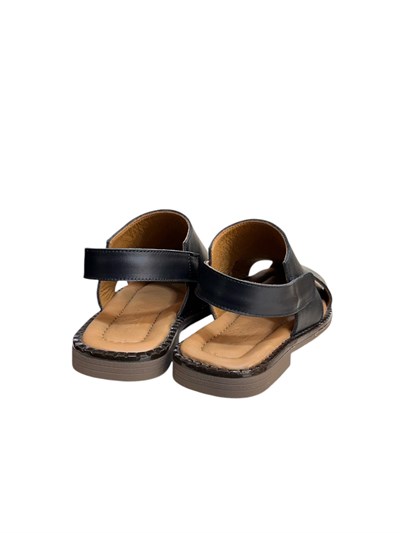 Siyah Hakiki Deri Comfort Taban Cırt Bantlı Sandalet