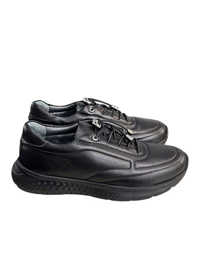 Siyah Hakiki Deri Comfort Taban Lastik Bağlı Sneaker