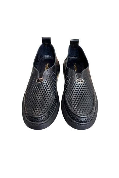 Siyah Hakiki Deri Delikli Hafif Comfort Taban Sneaker