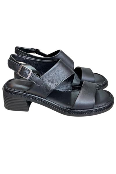 Siyah Hakiki Deri Kalın Bant Puf Taban Topuklu Sandalet