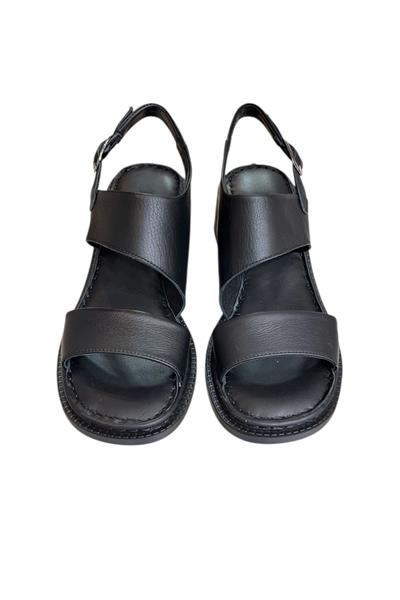 Siyah Hakiki Deri Kalın Bant Puf Taban Topuklu Sandalet