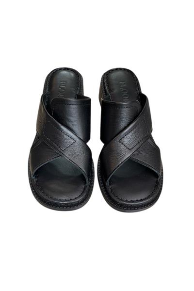 Siyah Hakiki Deri Puf Taban Çapraz Bantlı Terlik 