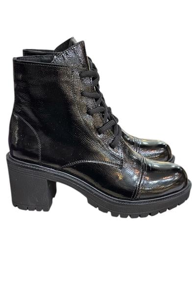 Siyah Hakiki Deri Rugan  Bağcık Detay  Yandan Fermuarlı Kalın Topuk Bot