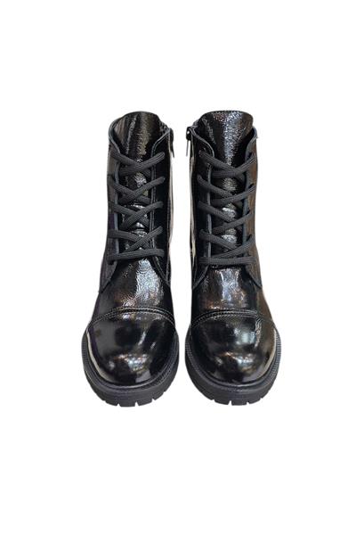 Siyah Hakiki Deri Rugan  Bağcık Detay  Yandan Fermuarlı Kalın Topuk Bot