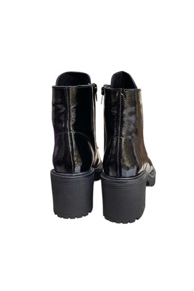 Siyah Hakiki Deri Rugan  Bağcık Detay  Yandan Fermuarlı Kalın Topuk Bot