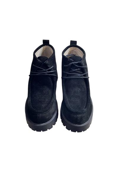 Siyah Hakiki Deri Süet Bağcıklı Bot