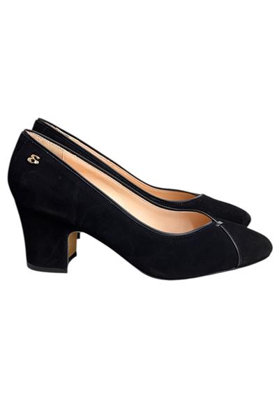 Siyah Hakiki Deri Süet Biye Detay Topuklu Ayakkabı