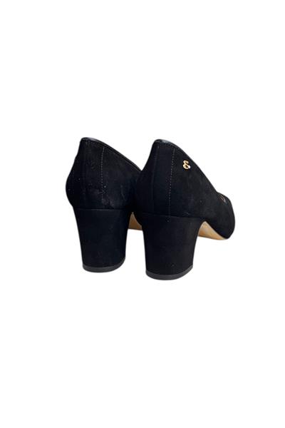 Siyah Hakiki Deri Süet Biye Detay Topuklu Ayakkabı