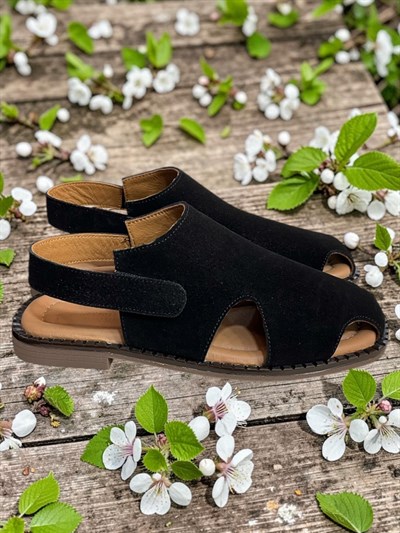 Siyah Hakiki Deri Süet Comfort Taban Cırt Bantlı Sandalet