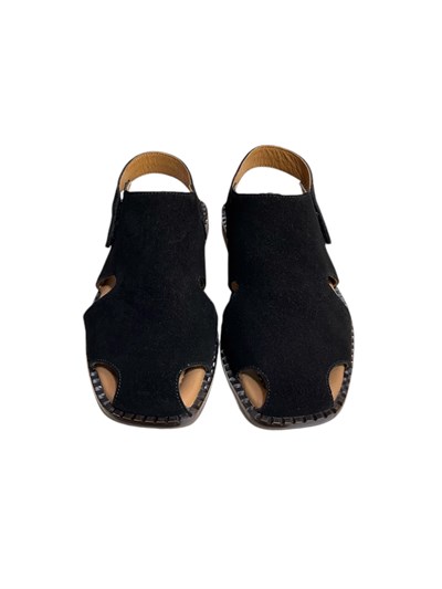 Siyah Hakiki Deri Süet Comfort Taban Cırt Bantlı Sandalet