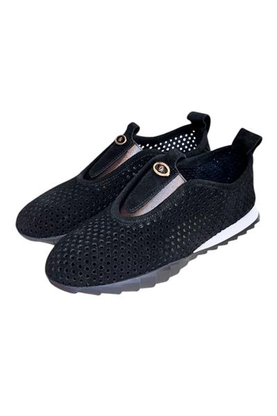 Siyah Hakiki Deri Süet Delikli Comfort Taban Spor Ayakkabı
