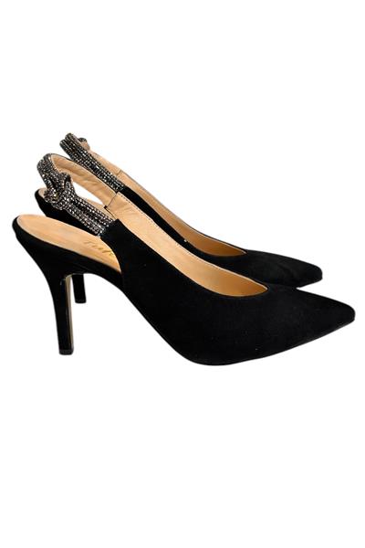 Siyah Hakiki Deri Süet Kristal Taş Bantlı Arkası Açık Topuklu Ayakkabı