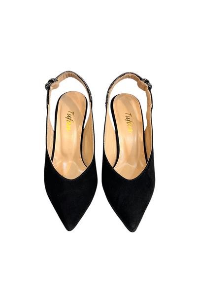 Siyah Hakiki Deri Süet Kristal Taş Bantlı Arkası Açık Topuklu Ayakkabı