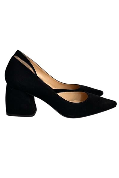 Siyah Hakiki Deri Süet  Mabeyn Topuklu Ayakkabı