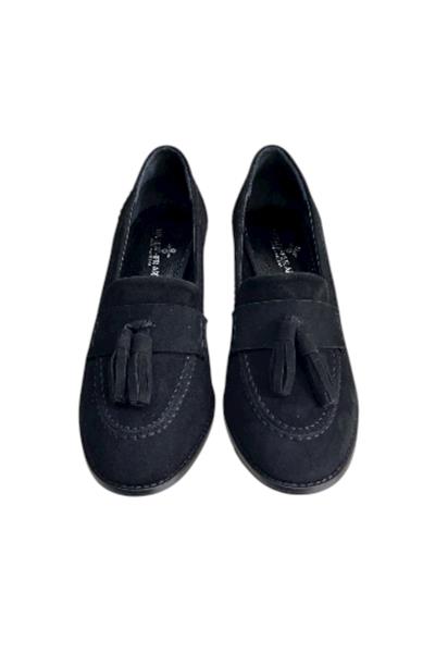 Siyah Hakiki Deri Süet Püskül Detay Topuklu Ayakkabı