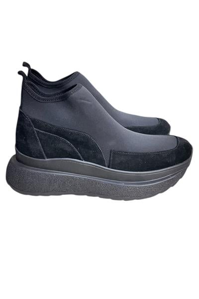 Siyah Hakiki Deri Süet Strech Yüzlü Bilekte Sneaker