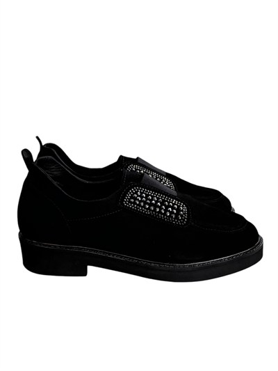 Siyah Hakiki Deri Süet Taş Detay Comfort  Loafer