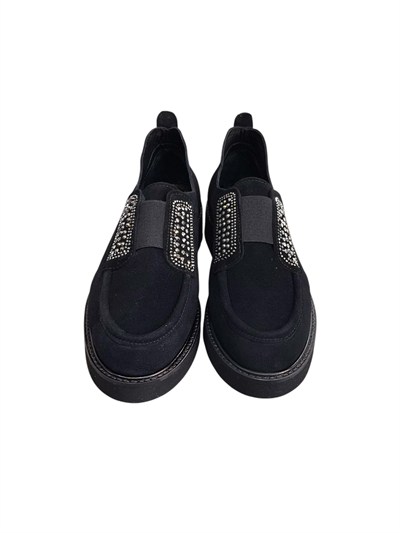 Siyah Hakiki Deri Süet Taş Detay Comfort  Loafer