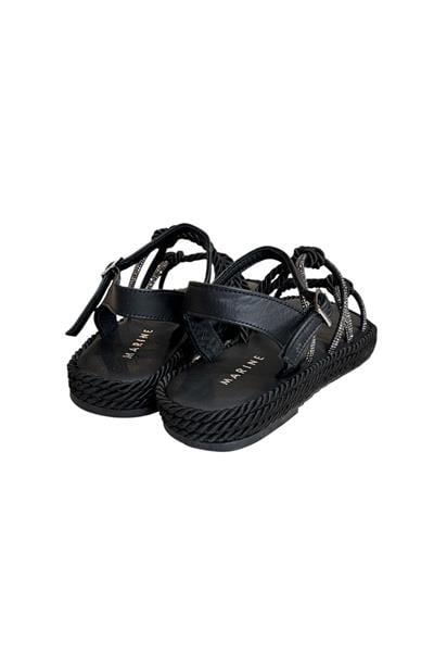 Siyah Hakiki Deri Taş Detay İpli Comfort Taban Sandalet