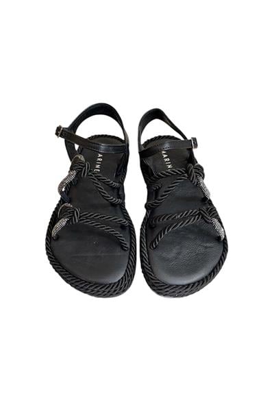 Siyah Hakiki Deri Taş Detay İpli Comfort Taban Sandalet
