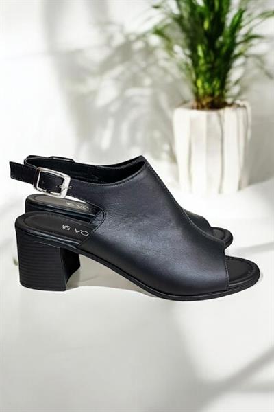 Siyah Hakiki Deri Tek Yüz  Comfort Taban Topuklu Sandalet