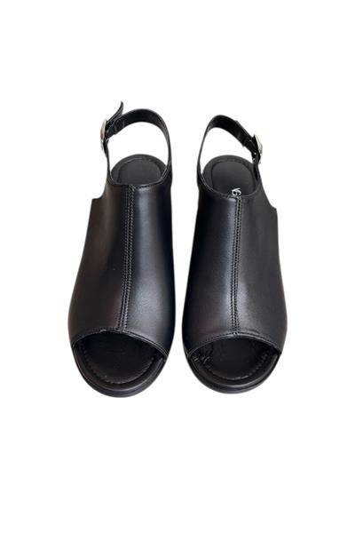 Siyah Hakiki Deri Tek Yüz  Comfort Taban Topuklu Sandalet
