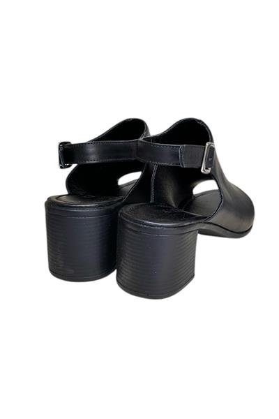 Siyah Hakiki Deri Tek Yüz  Comfort Taban Topuklu Sandalet