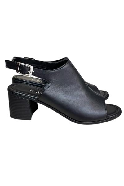 Siyah Hakiki Deri Tek Yüz  Comfort Taban Topuklu Sandalet