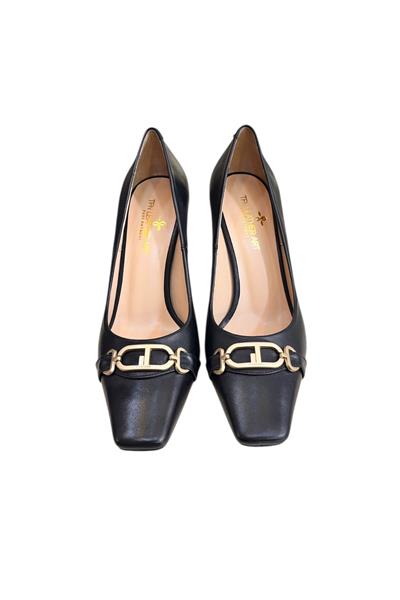 Siyah Hakiki Deri Toka Detay Topuklu Ayakkabı