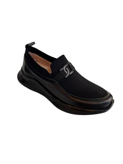 Siyah Hakiki Deri Tokalı Strech Yüzlü Comfort Sneaker