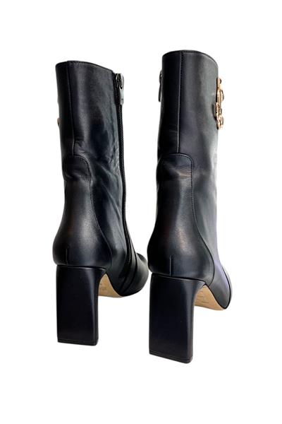 Siyah Hakiki  Deri Topuklu Bot