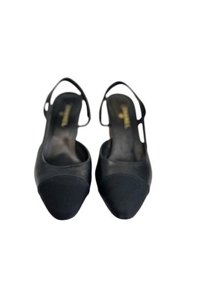 Siyah Hakiki Deri Yanları Açık Lastik Bantlı  ve Arkası Açık Topuklu Ayakkabı