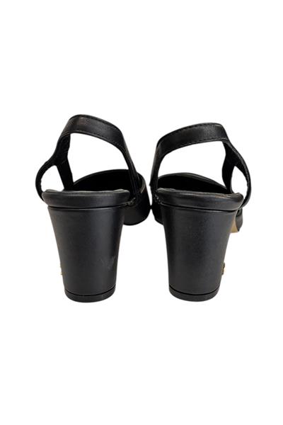 Siyah Hakiki Deri Yanları Açık Lastik Bantlı  ve Arkası Açık Topuklu Ayakkabı
