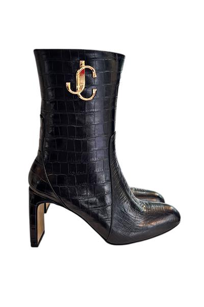 Siyah Hakiki Krokodil Deri Topuklu Bot