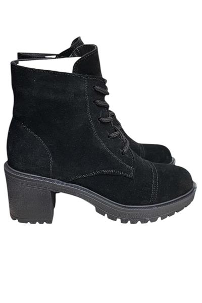Siyah Hakiki Süet  Bağcık Detay  Yandan Fermuarlı Kalın Topuk Bot