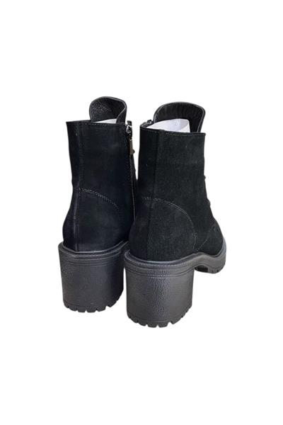 Siyah Hakiki Süet  Bağcık Detay  Yandan Fermuarlı Kalın Topuk Bot
