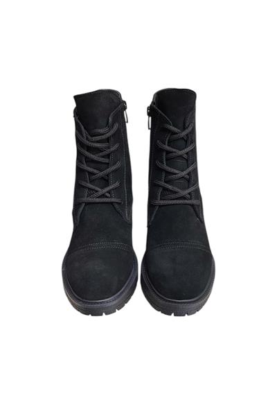 Siyah Hakiki Süet  Bağcık Detay  Yandan Fermuarlı Kalın Topuk Bot