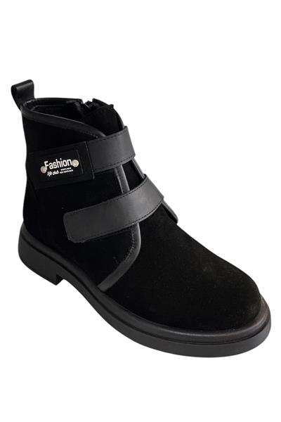 Siyah Hakiki Süet Deri Çift Cırt Bantlı Bot
