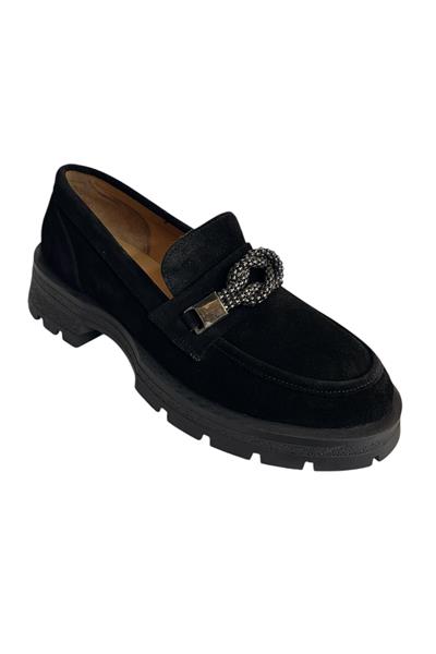 Siyah Hakiki Süet Deri Kalın Taban Loafer