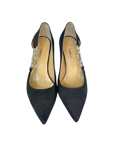 Siyah Hakiki Süet Deri Taşlı Zincir Detay Topuklu Ayakkabı