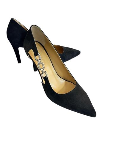 Siyah Hakiki Süet Deri Taşlı Zincir Detay Topuklu Ayakkabı